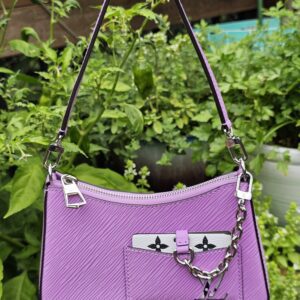Front of the Louis Vuitton Epi Marellini in purple Epi leather with silver-tone chain and Monogram charm