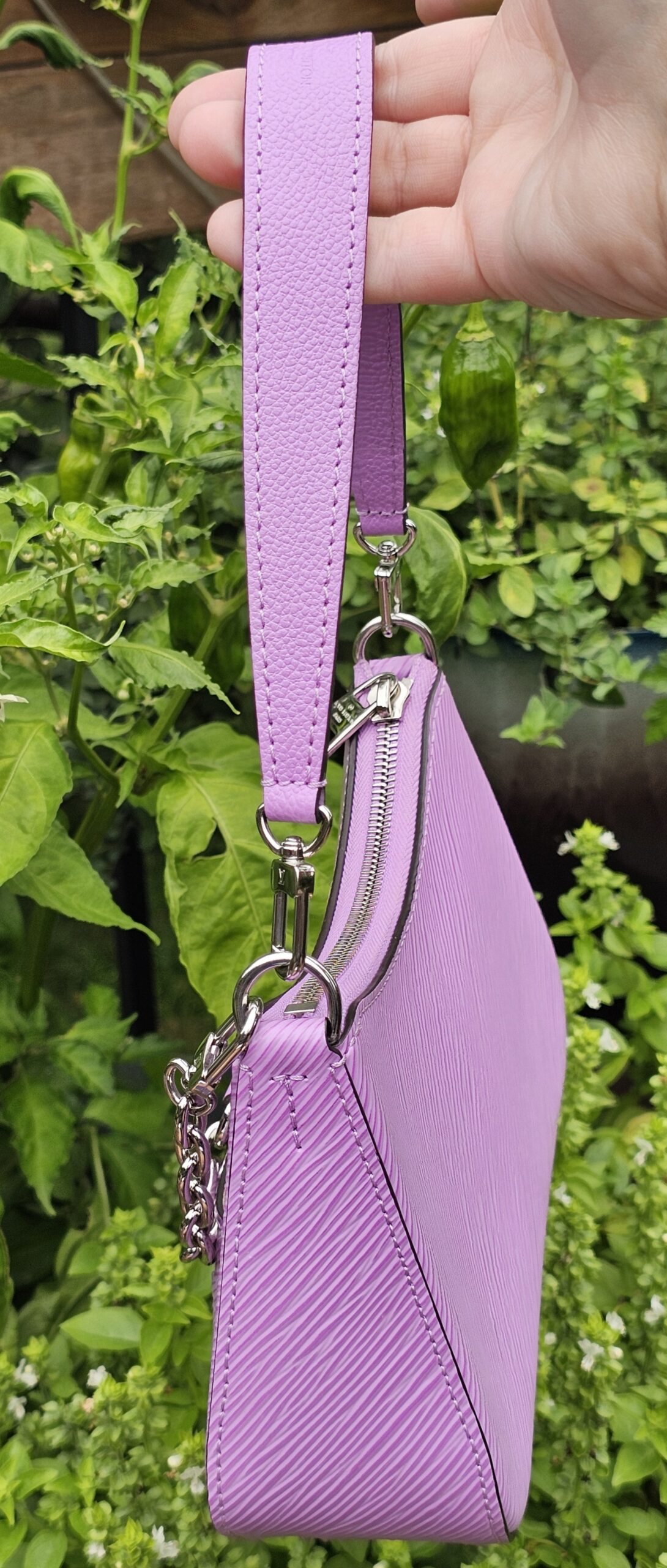 Louis Vuitton Epi Marellini in purple Epi leather shown from the side