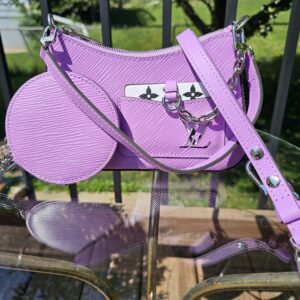 Louis Vuitton Marellini in purple Epi leather shown with its matching round Epi coin pouch and strap