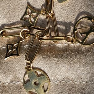Close-up of the Monogram flower and medallion charms on the Louis Vuitton Sweet Monogram bracelet