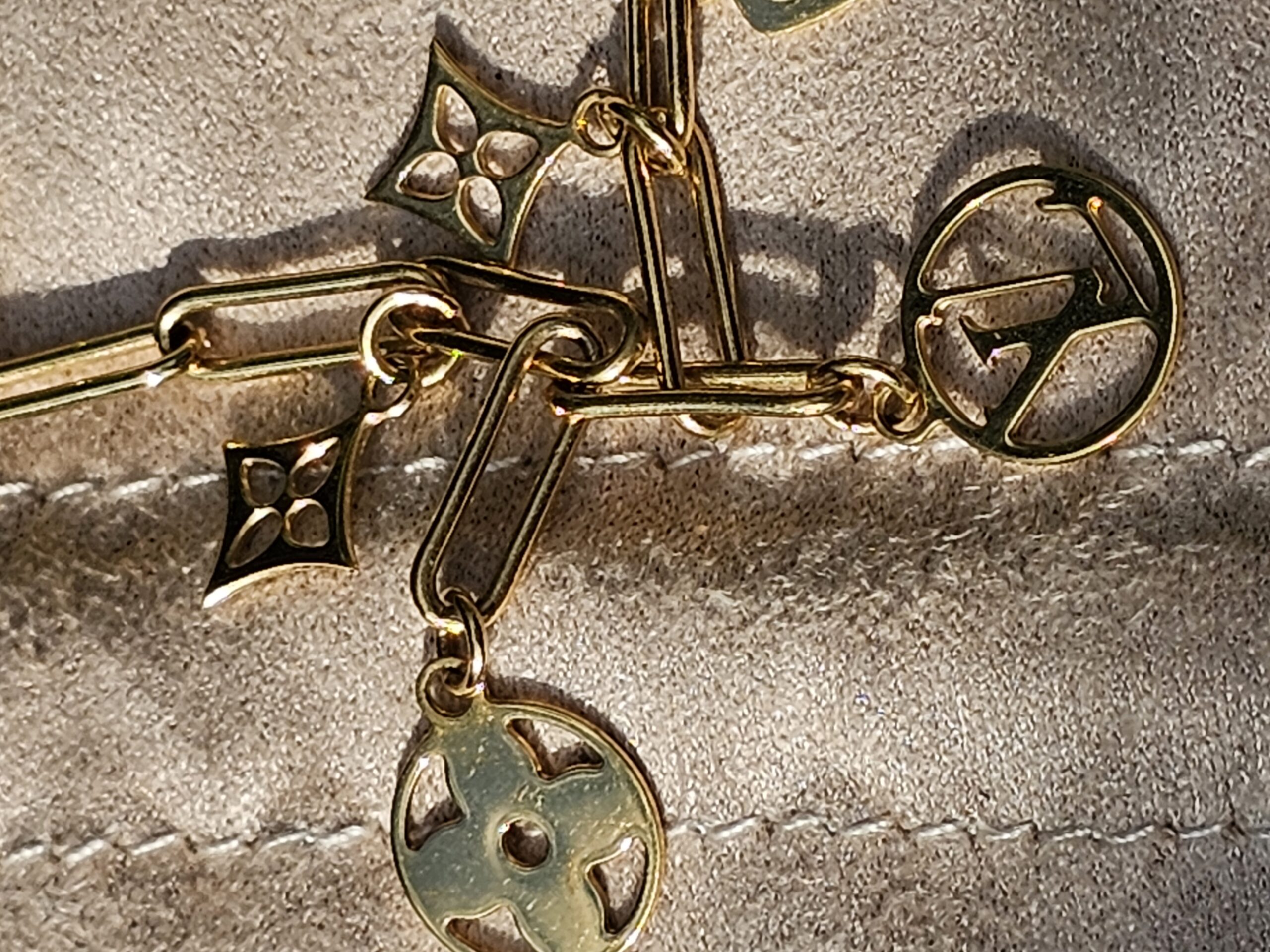 Close-up of the Monogram flower and medallion charms on the Louis Vuitton Sweet Monogram bracelet