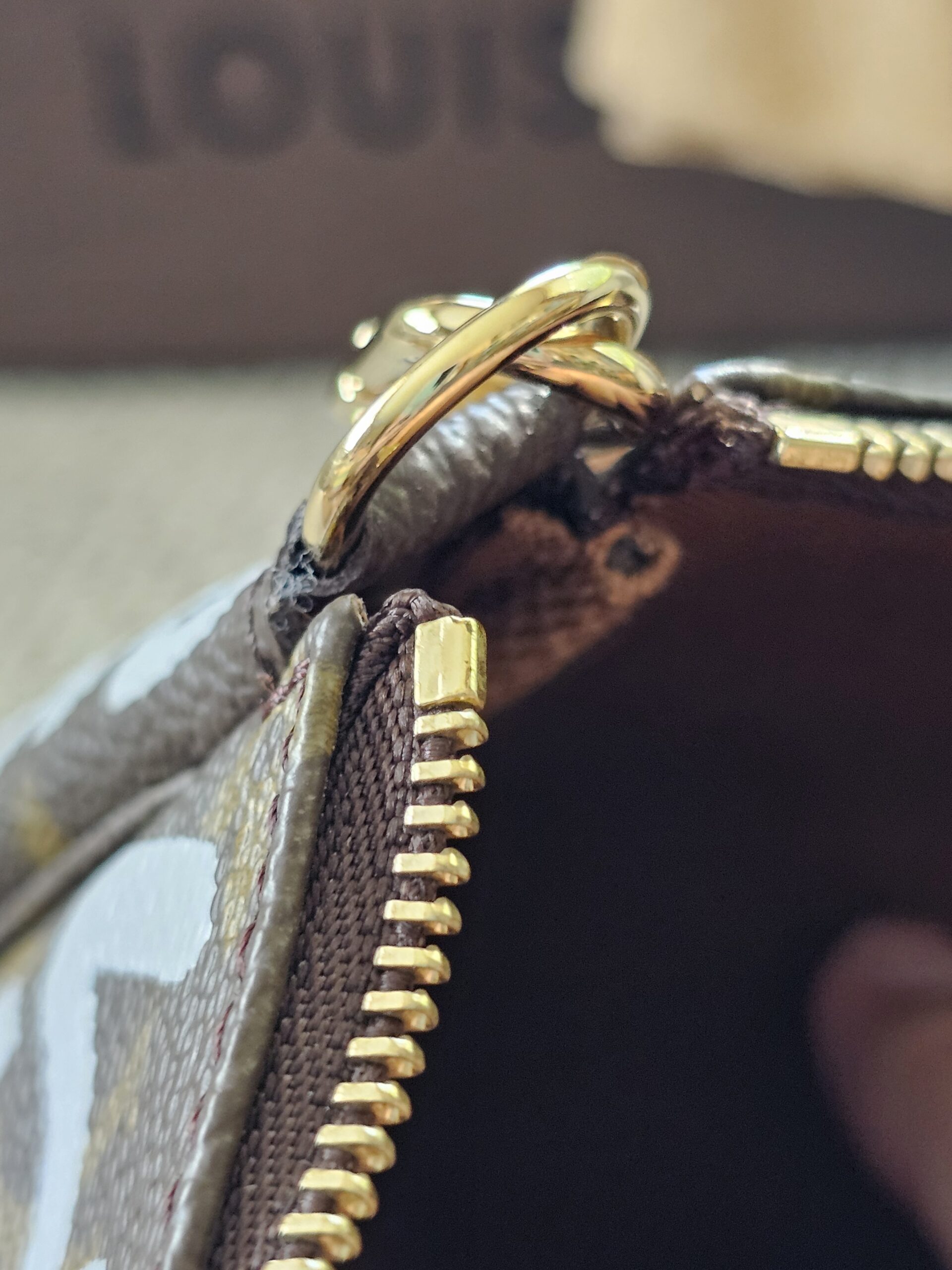 Gold-tone zip and hardware on the Louis Vuitton Graffiti Pochette Accessoires