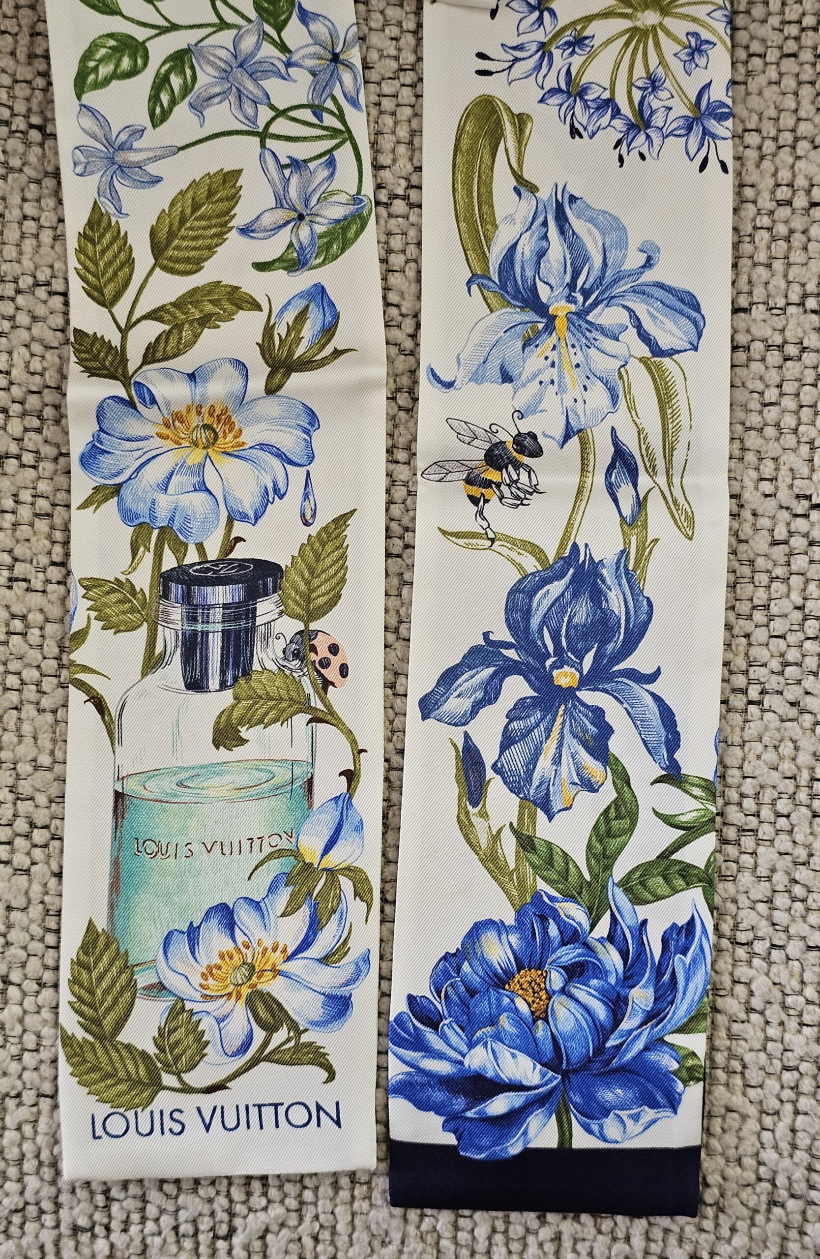 Blue irises, bees and a perfume bottle printed on the Louis Vuitton Fontaines Parfumees silk bandeau