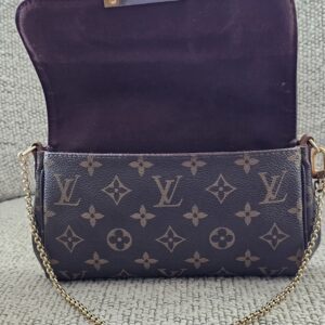 Louis Vuitton Favorite PM with the flap open showing the burgundy textile interior