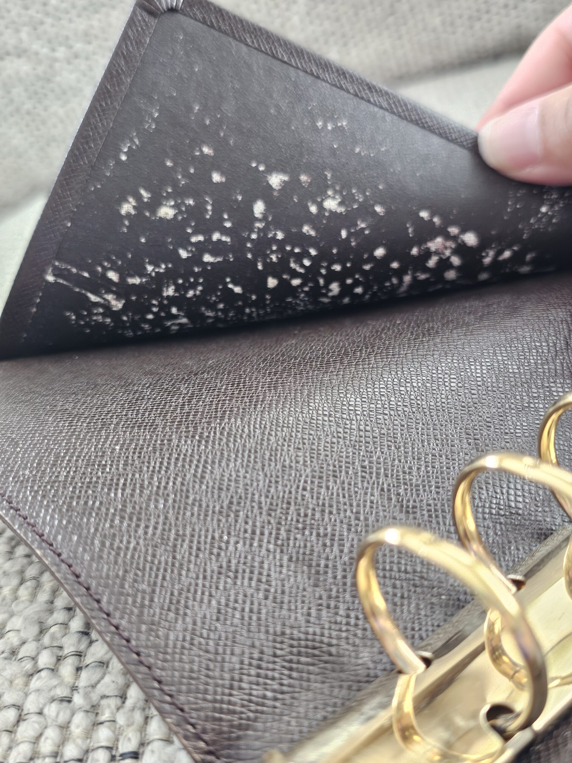 Interior pocket of the Louis Vuitton Medium Ring Agenda showing peeling and deterioration