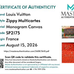 Master Authentication certificate for the Louis Vuitton Zippy Multicartes in Monogram Canvas, code SP2175, origin France