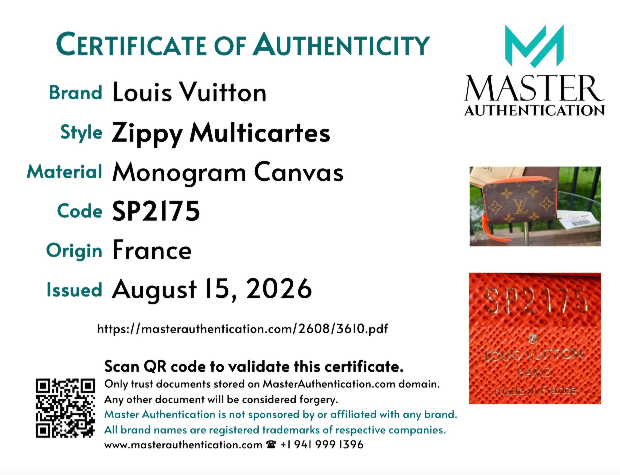 Master Authentication certificate for the Louis Vuitton Zippy Multicartes in Monogram Canvas, code SP2175, origin France
