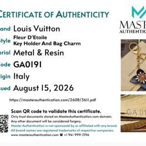 Master Authentication certificate for the Louis Vuitton Fleur d Etoile Key Holder And Bag Charm in metal and resin, code GA0191, origin Italy