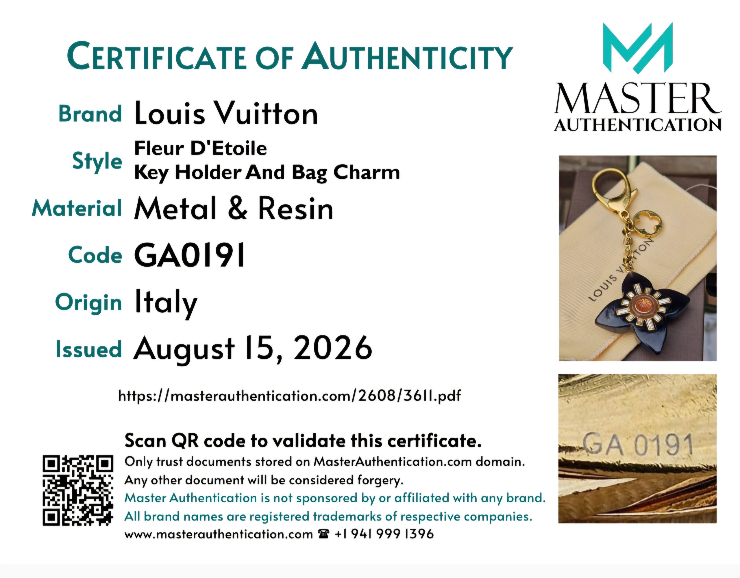 Master Authentication certificate for the Louis Vuitton Fleur d Etoile Key Holder And Bag Charm in metal and resin, code GA0191, origin Italy