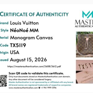 Master Authentication certificate for the Louis Vuitton NeoNoe MM in Monogram Canvas, code TX5119, origin USA