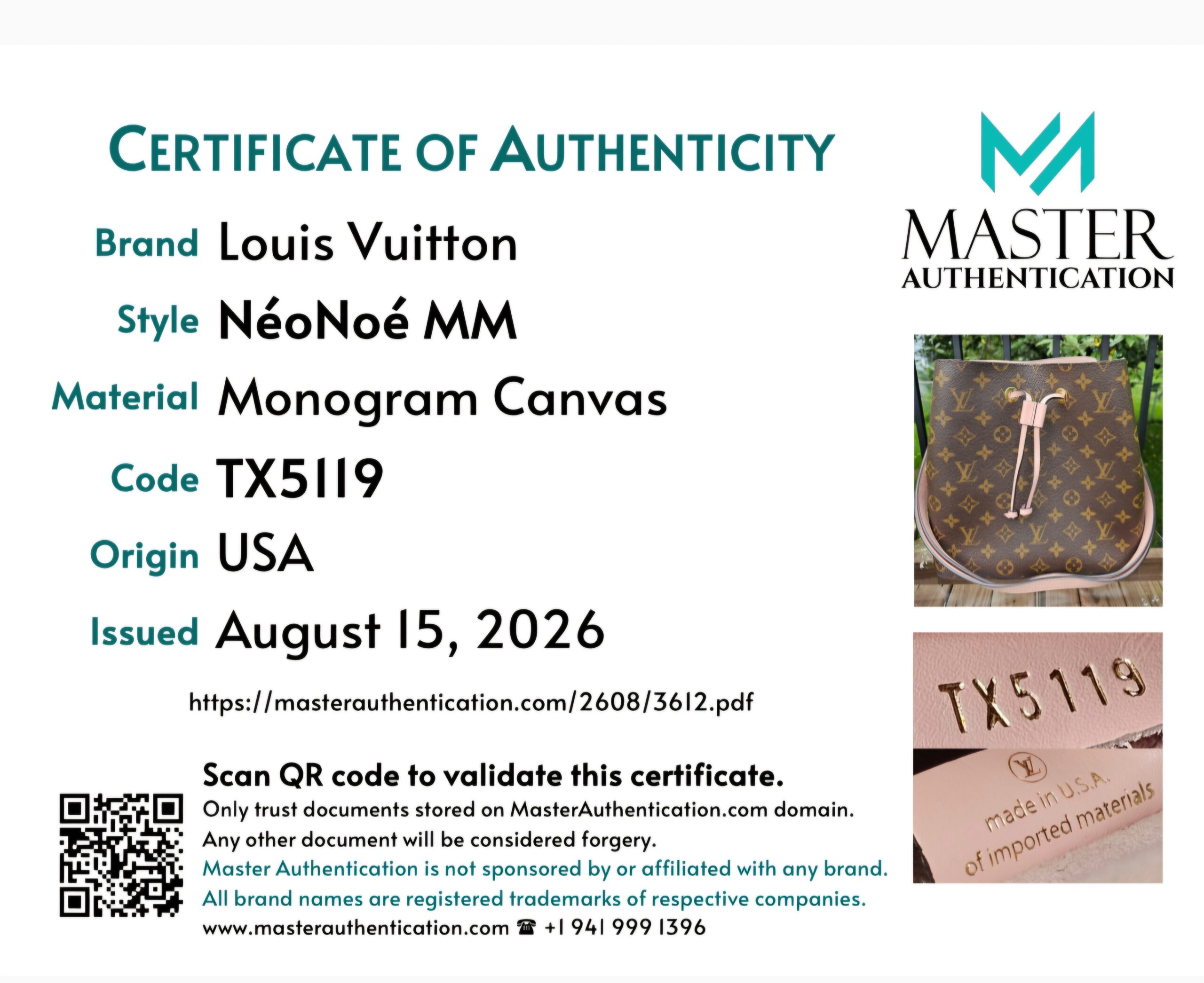 Master Authentication certificate for the Louis Vuitton NeoNoe MM in Monogram Canvas, code TX5119, origin USA