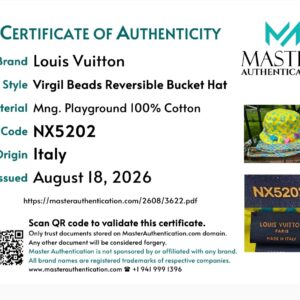 Master Authentication certificate for the Louis Vuitton Virgil Beads Reversible Bucket Hat in Monogram Playground cotton, code NX5202, origin Italy