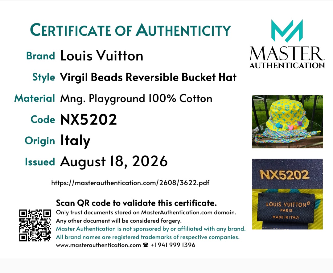 Master Authentication certificate for the Louis Vuitton Virgil Beads Reversible Bucket Hat in Monogram Playground cotton, code NX5202, origin Italy