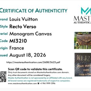 Master Authentication certificate for the Louis Vuitton Recto Verso in Monogram Canvas, code MI3210, origin France