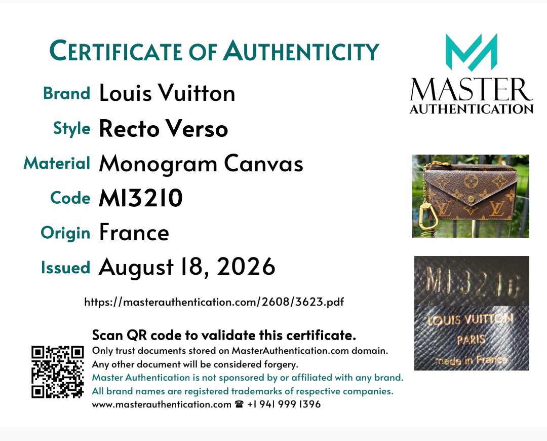 Master Authentication certificate for the Louis Vuitton Recto Verso in Monogram Canvas, code MI3210, origin France