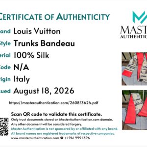 Master Authentication certificate for the Louis Vuitton Trunks Bandeau in 100% silk, origin Italy