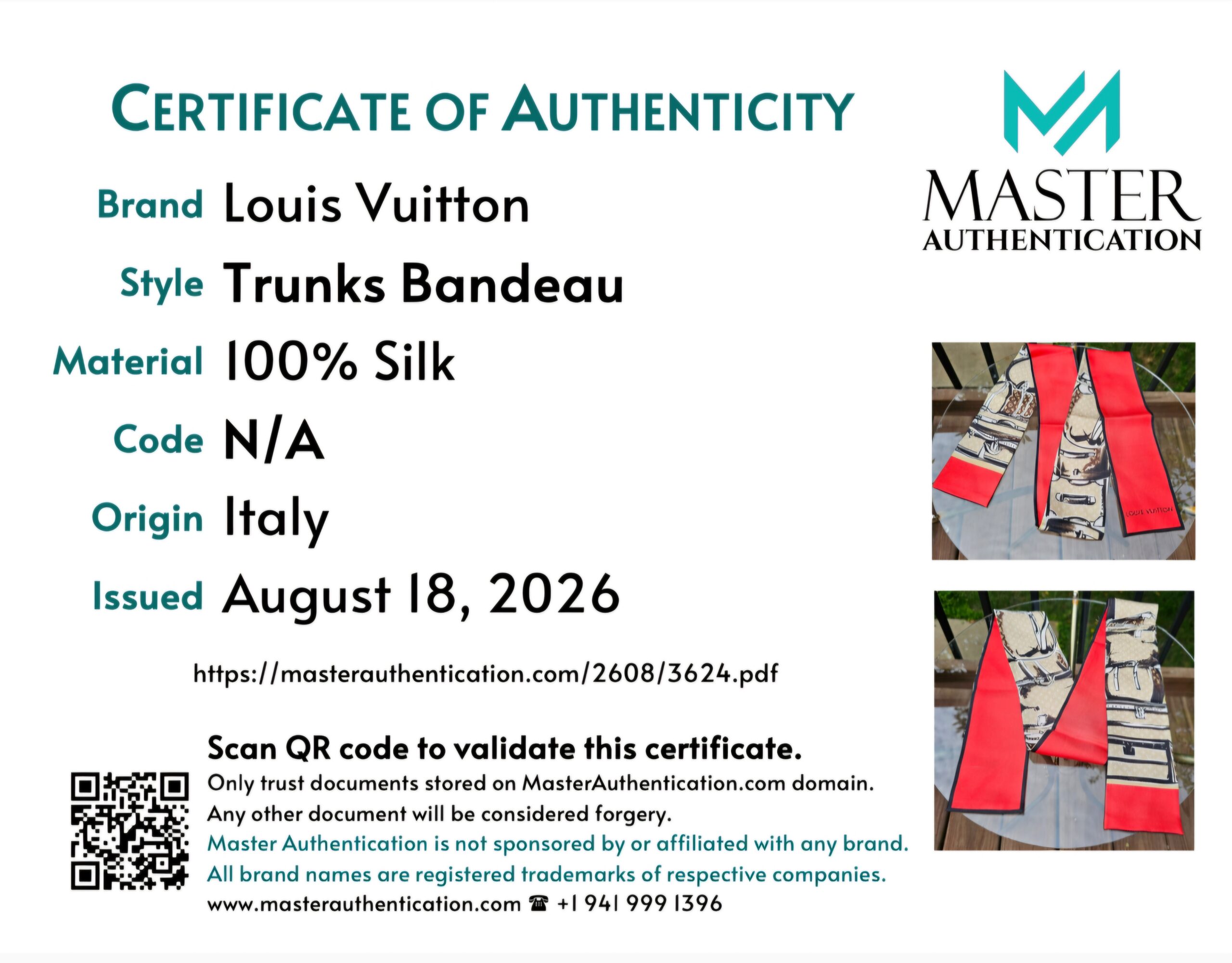 Master Authentication certificate for the Louis Vuitton Trunks Bandeau in 100% silk, origin Italy