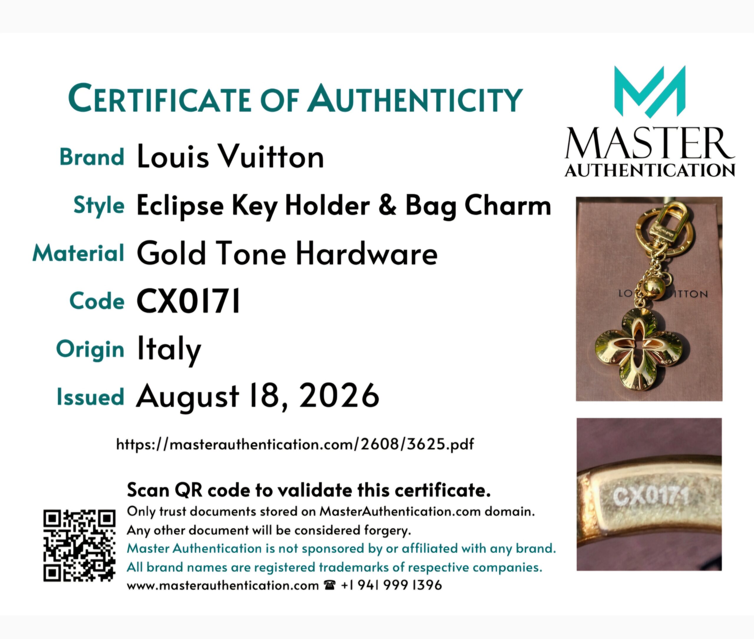 Master Authentication certificate for the Louis Vuitton Eclipse Key Holder and Bag Charm in gold tone hardware, code CX0171, origin Italy