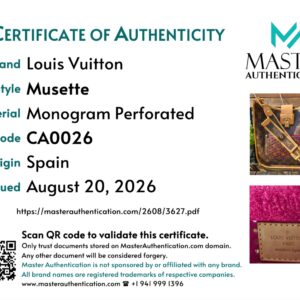 Master Authentication certificate for the Louis Vuitton Musette in Monogram Perforated, code CA0026, origin Spain
