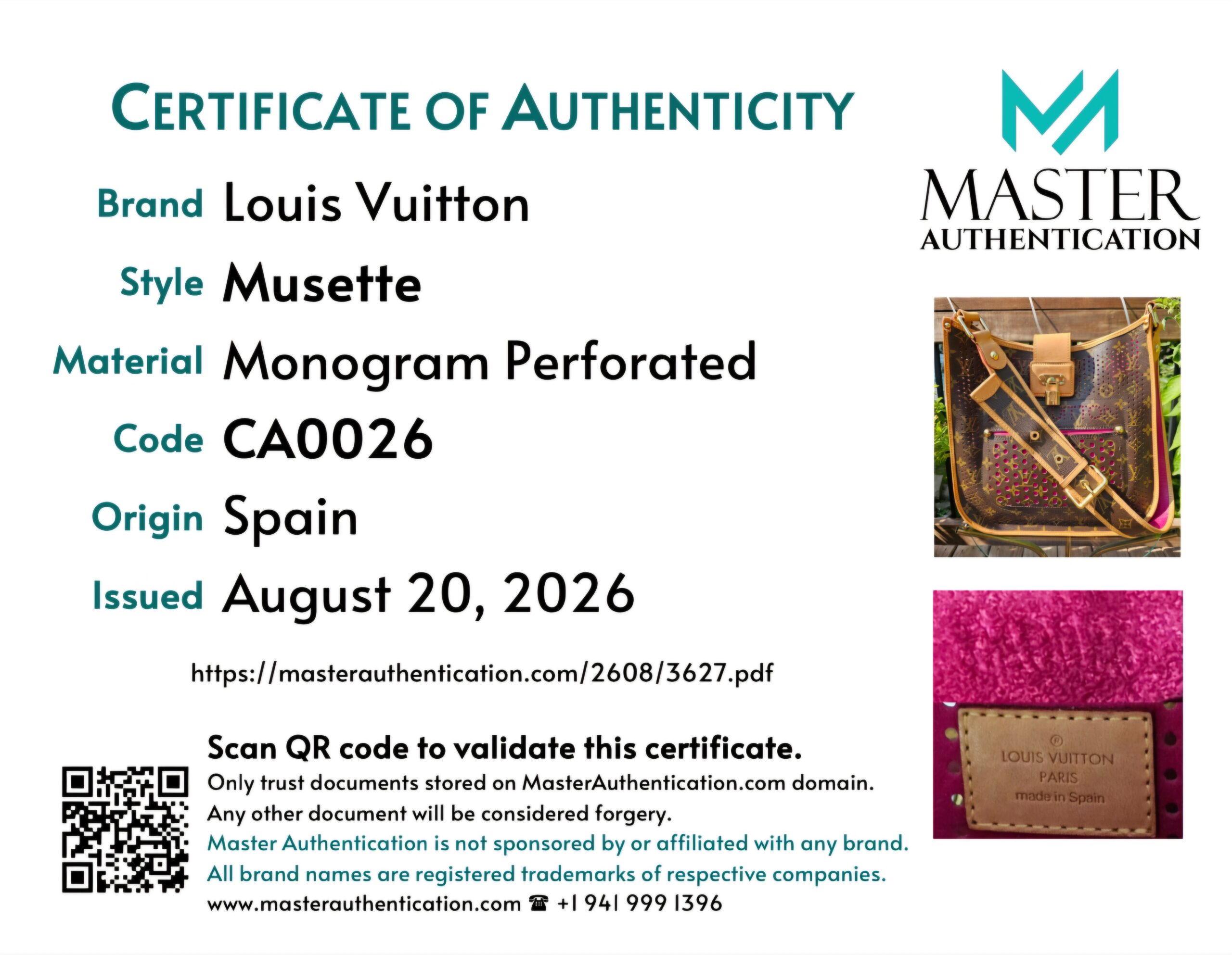 Master Authentication certificate for the Louis Vuitton Musette in Monogram Perforated, code CA0026, origin Spain