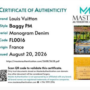 Master Authentication certificate for the Louis Vuitton Baggy PM in Monogram Denim, code FL0016, origin France