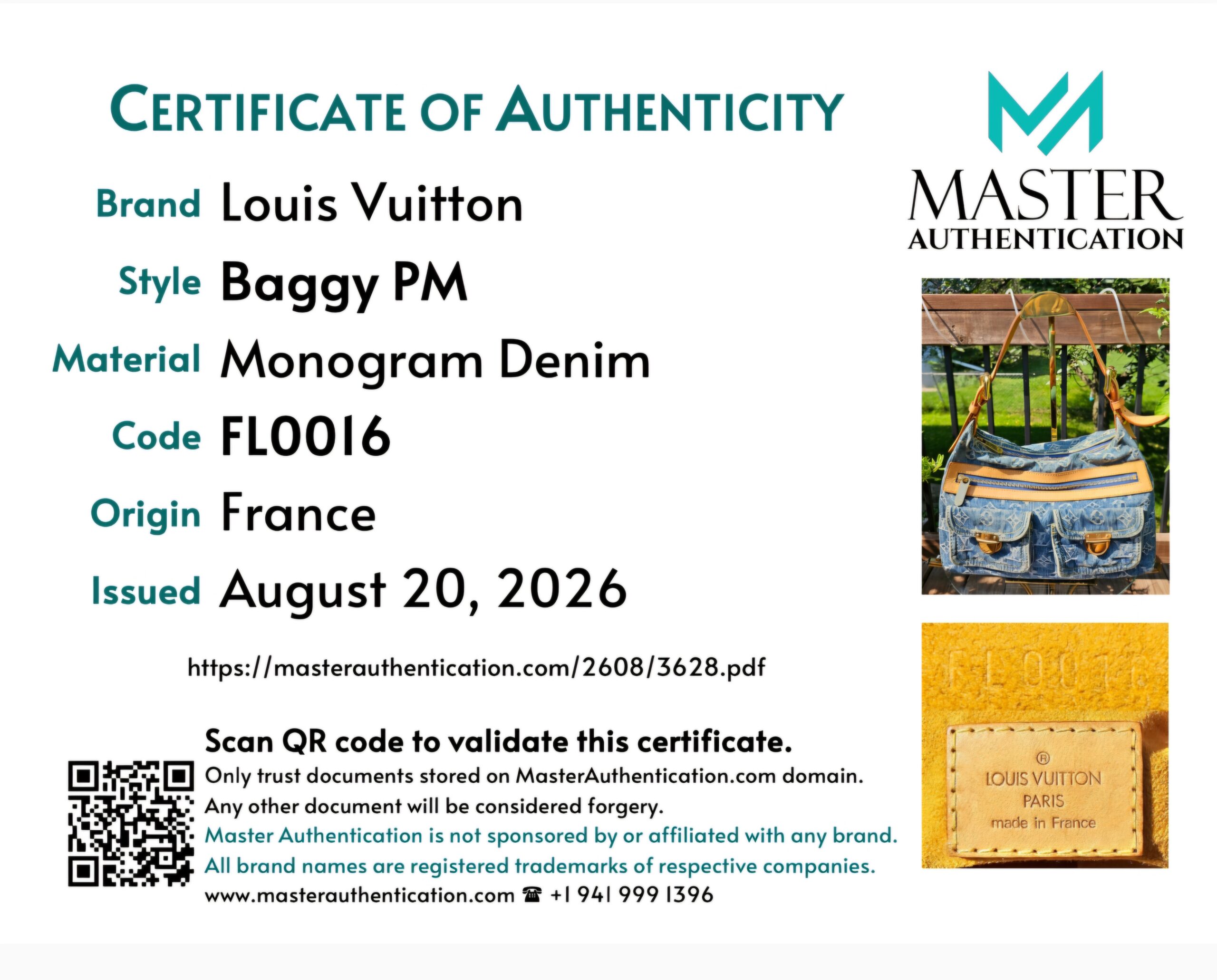 Master Authentication certificate for the Louis Vuitton Baggy PM in Monogram Denim, code FL0016, origin France