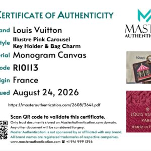 Master Authentication certificate for the Louis Vuitton Illustre Pink Carousel Key Holder and Bag Charm in Monogram Canvas, code RI0113, origin France