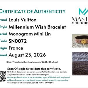 Master Authentication certificate for the Louis Vuitton Millennium Wish Bracelet in Monogram Mini Lin, code SN0072, origin France