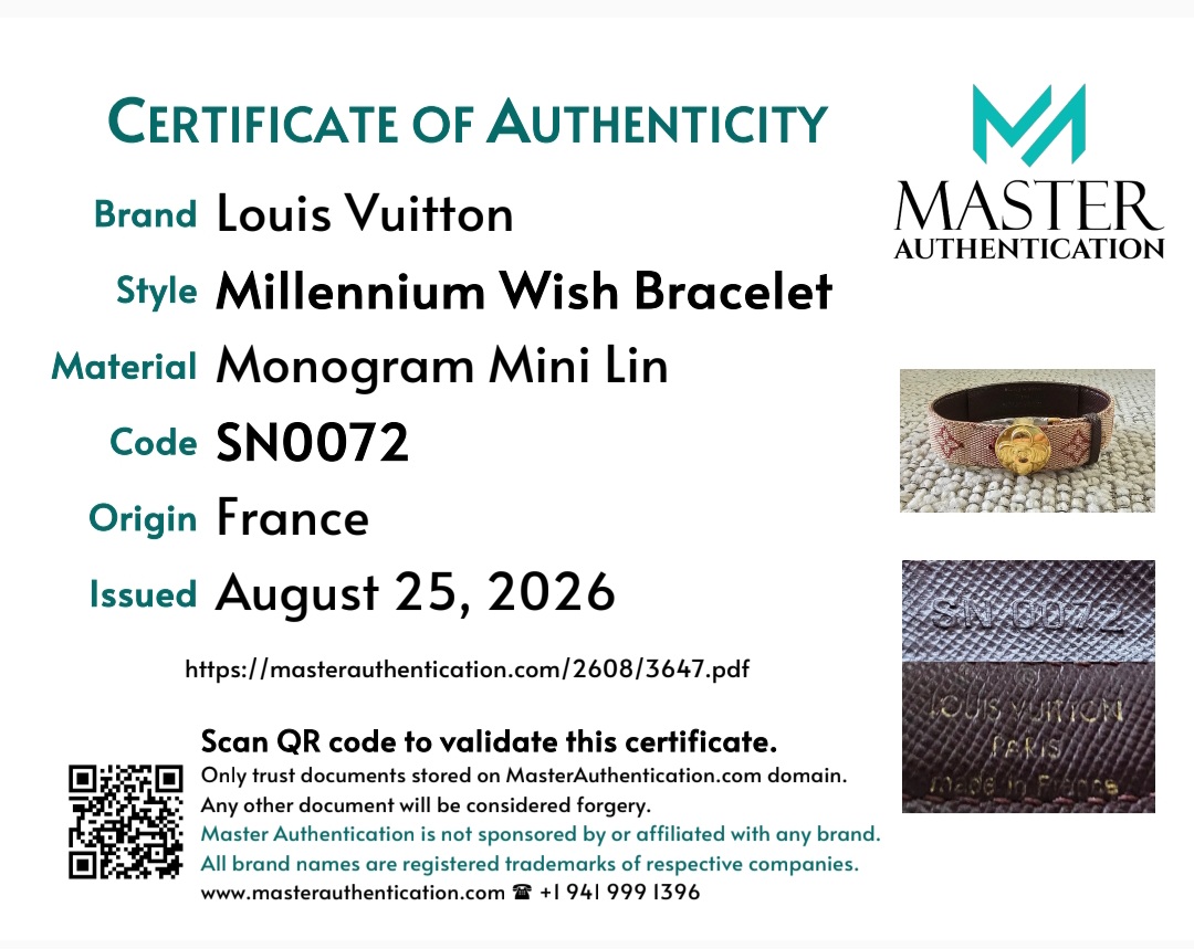 Master Authentication certificate for the Louis Vuitton Millennium Wish Bracelet in Monogram Mini Lin, code SN0072, origin France