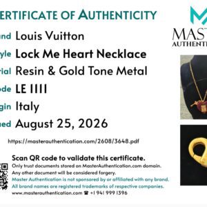 Master Authentication certificate for the Louis Vuitton Lock Me Heart Necklace in resin and gold tone metal, code LE 1111, origin Italy