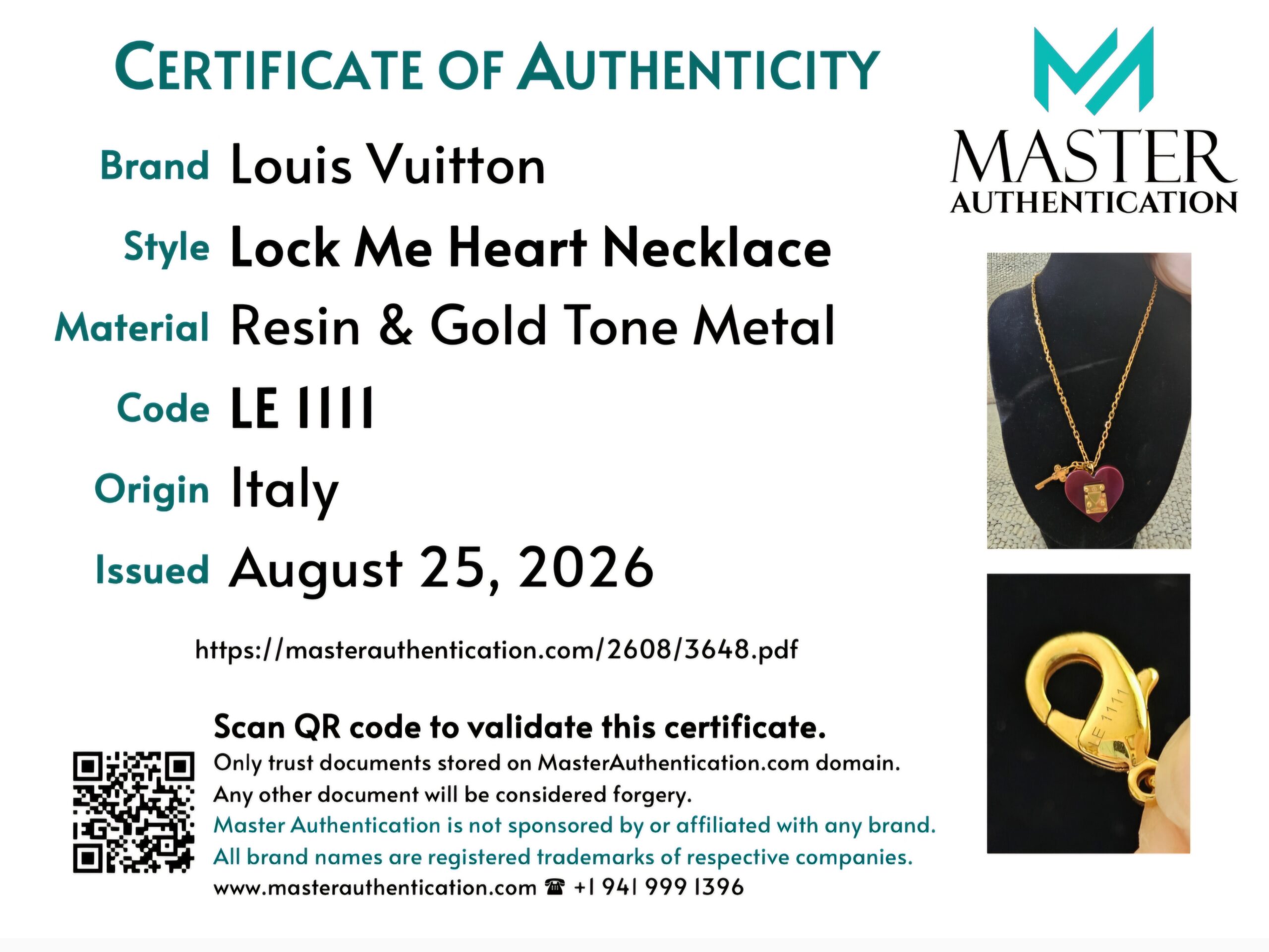Master Authentication certificate for the Louis Vuitton Lock Me Heart Necklace in resin and gold tone metal, code LE 1111, origin Italy