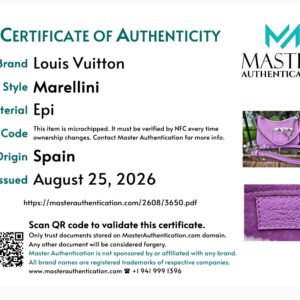 Master Authentication certificate for the Louis Vuitton Marellini in Epi leather, origin Spain, noting the item is microchipped
