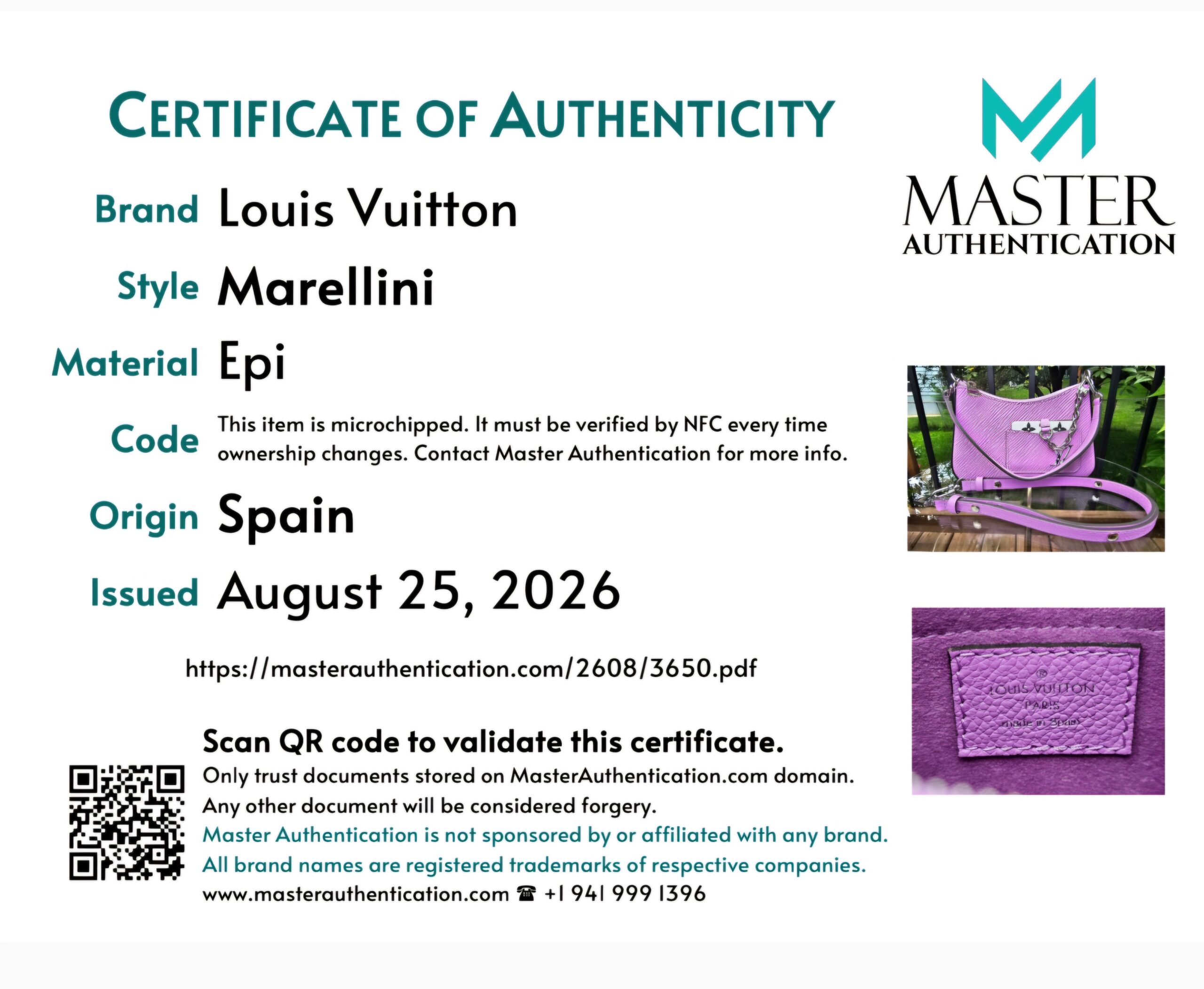 Master Authentication certificate for the Louis Vuitton Marellini in Epi leather, origin Spain, noting the item is microchipped