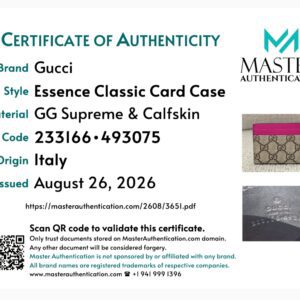 Master Authentication certificate for the Gucci Essence Classic Card Case in GG Supreme and calfskin, code 233166 493075, origin Italy
