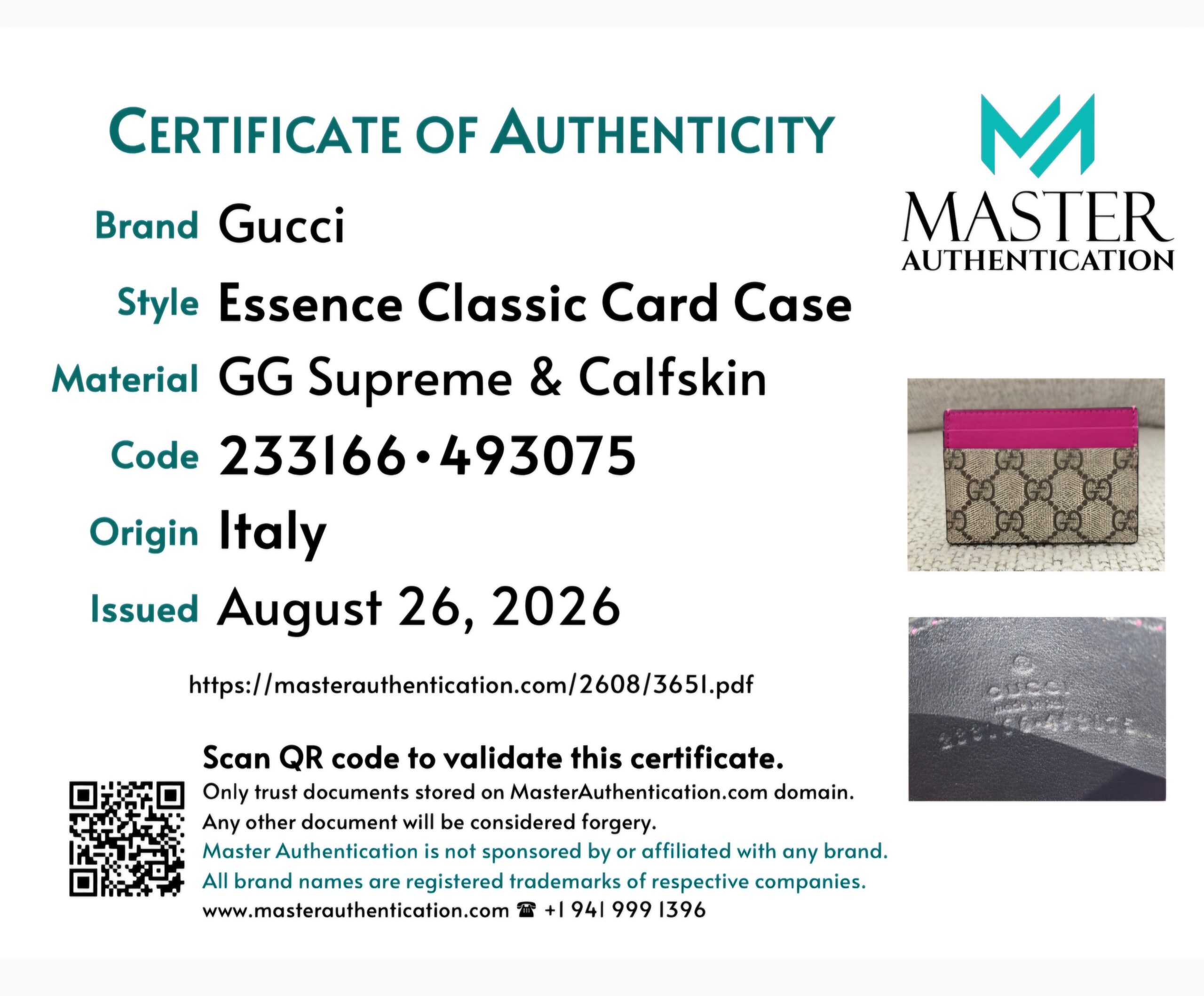 Master Authentication certificate for the Gucci Essence Classic Card Case in GG Supreme and calfskin, code 233166 493075, origin Italy