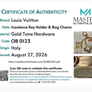 Master Authentication certificate for the Louis Vuitton Insolence Key Holder and Bag Charm in gold tone hardware, code OB 0123, origin Italy