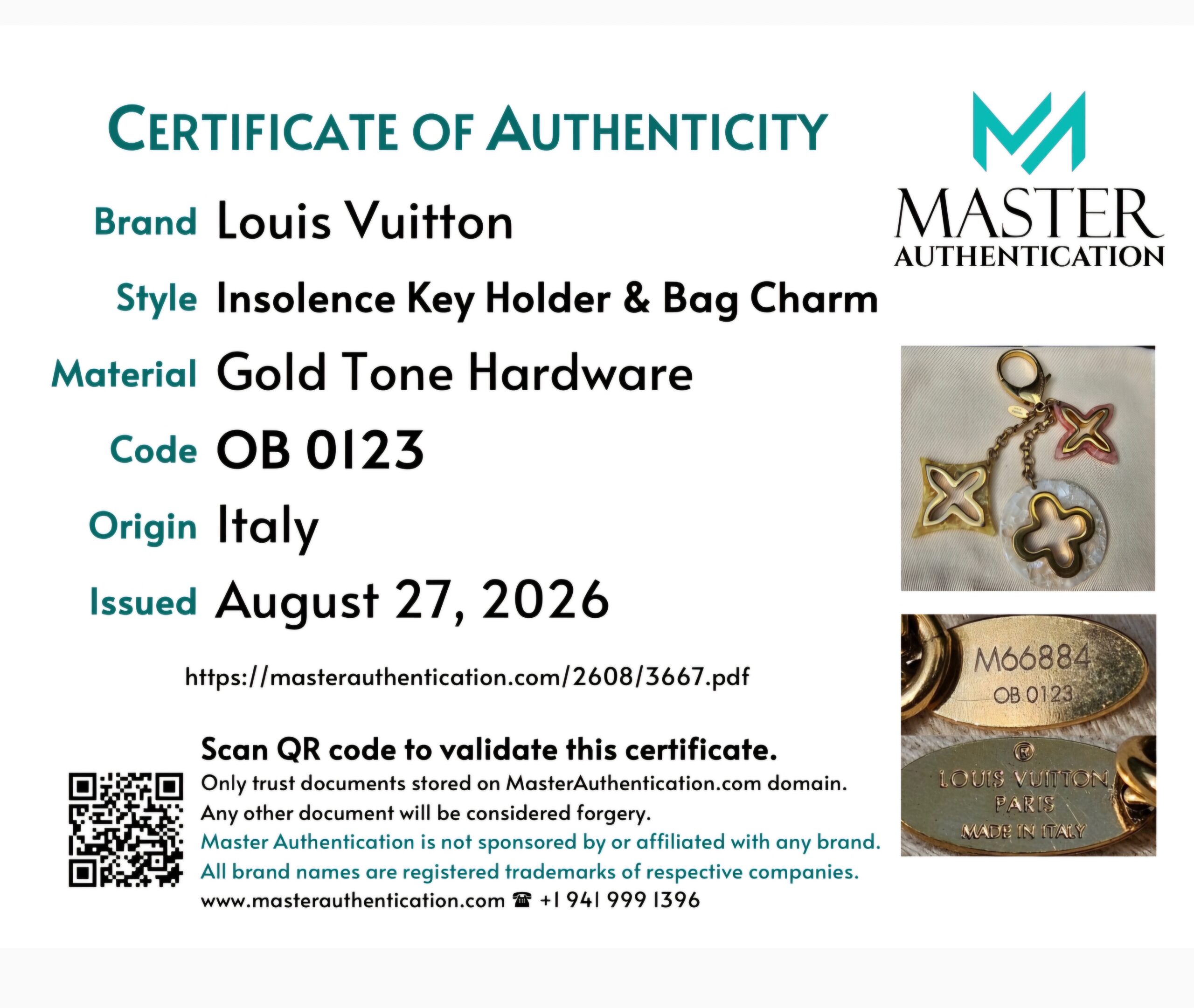 Master Authentication certificate for the Louis Vuitton Insolence Key Holder and Bag Charm in gold tone hardware, code OB 0123, origin Italy