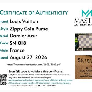 Master Authentication certificate for the Louis Vuitton Zippy Coin Purse in Damier Azur, code SN1018, origin France