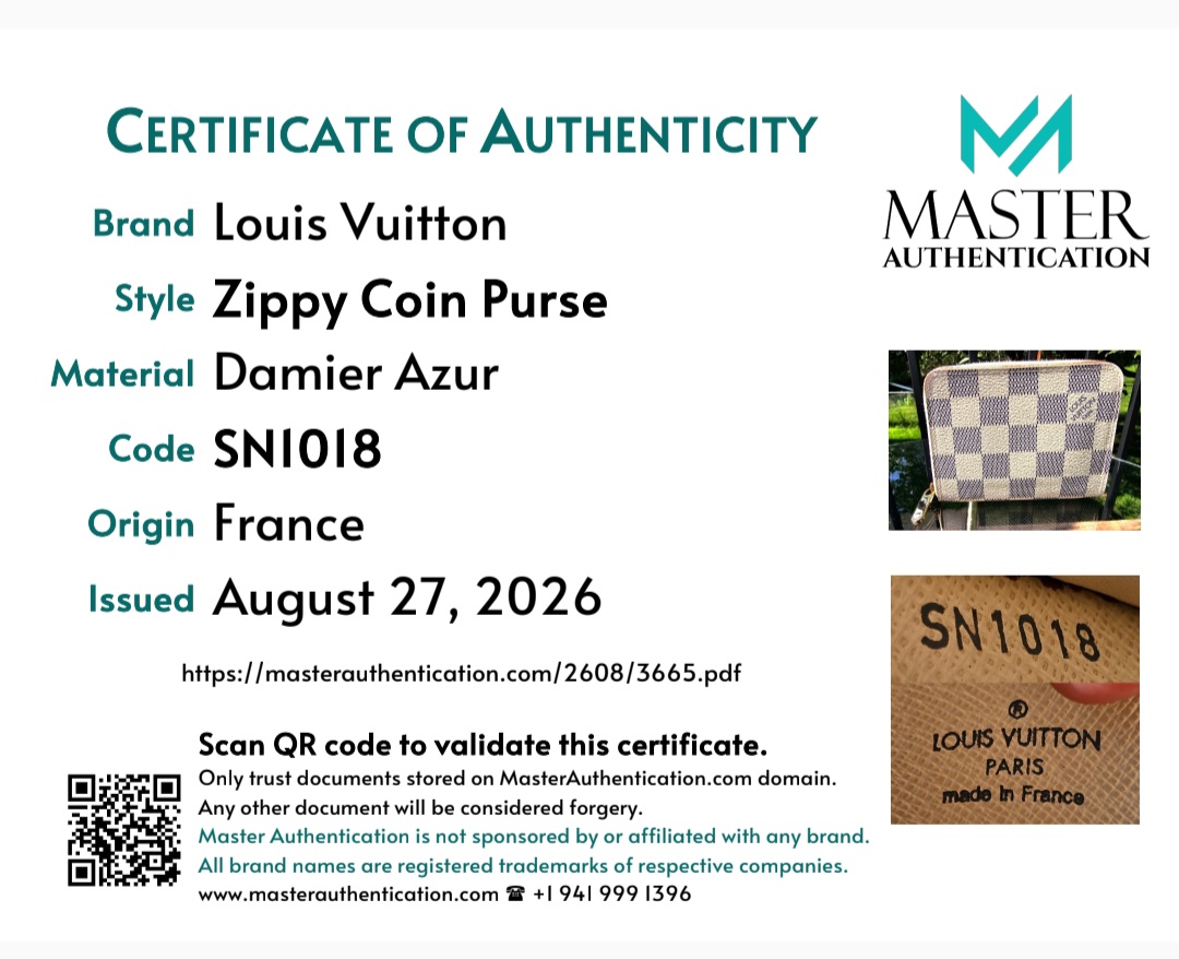 Master Authentication certificate for the Louis Vuitton Zippy Coin Purse in Damier Azur, code SN1018, origin France