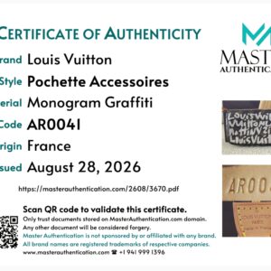 Master Authentication certificate for the Louis Vuitton Pochette Accessoires in Monogram Graffiti, code AR0041, origin France