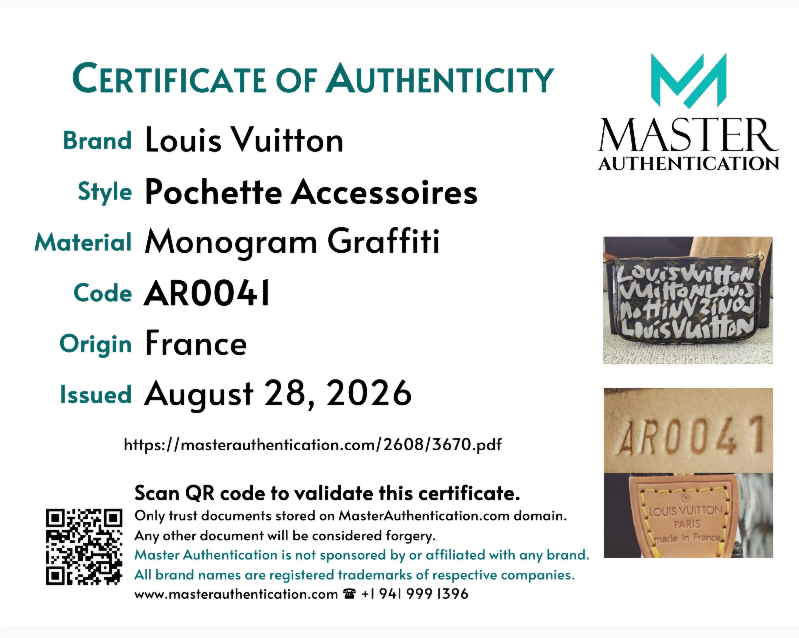 Master Authentication certificate for the Louis Vuitton Pochette Accessoires in Monogram Graffiti, code AR0041, origin France
