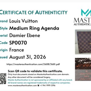 Master Authentication certificate for the Louis Vuitton Medium Ring Agenda in Damier Ebene, code SP0070, origin France