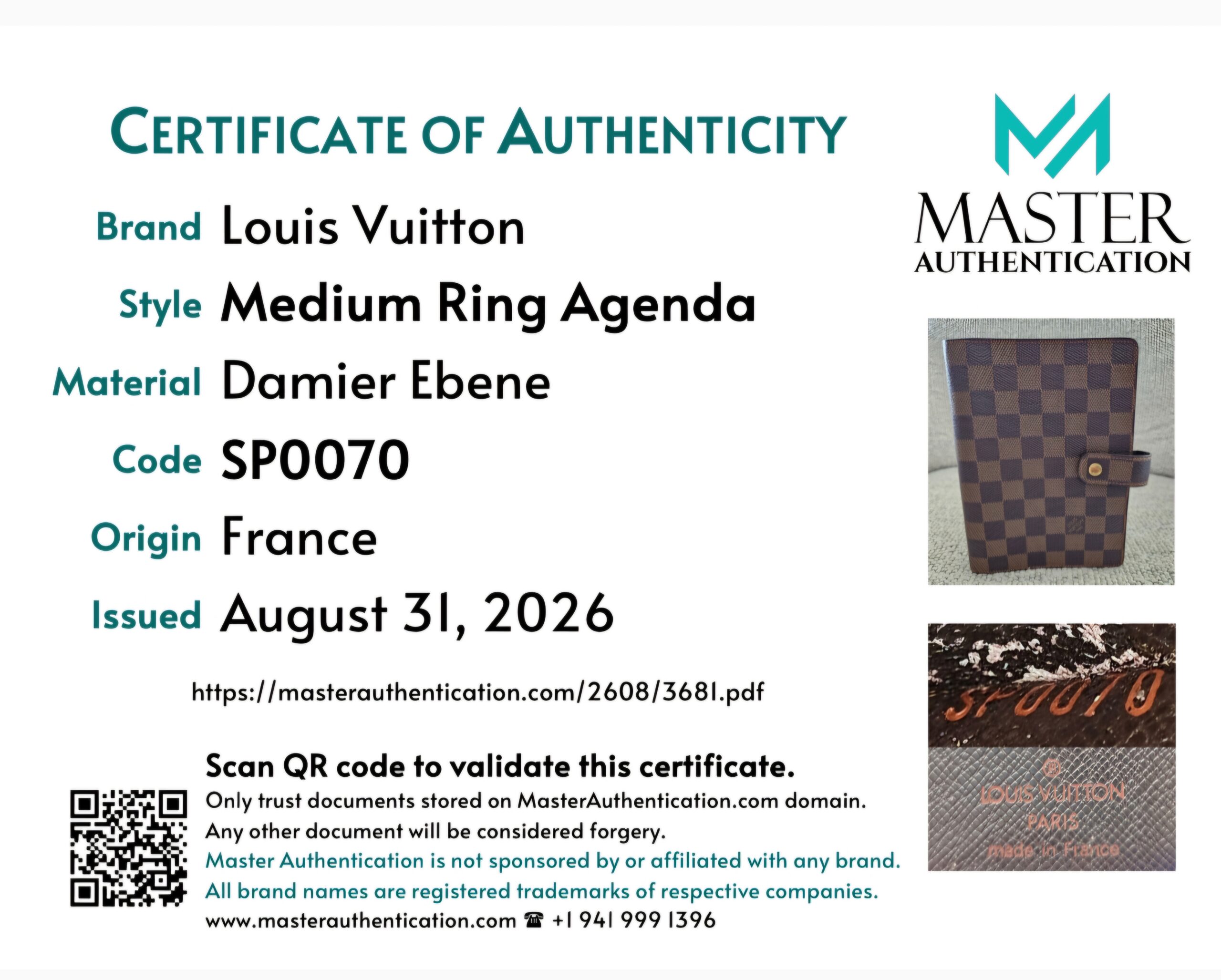 Master Authentication certificate for the Louis Vuitton Medium Ring Agenda in Damier Ebene, code SP0070, origin France