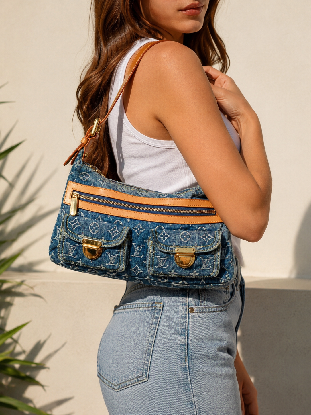 Louis Vuitton Monogram Denim Baggy PM carried on the shoulder, shown for scale and strap drop