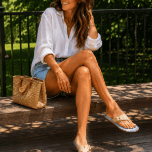 Louis Vuitton Monogram denim thong sandals worn with a denim skirt, shown for scale and styling