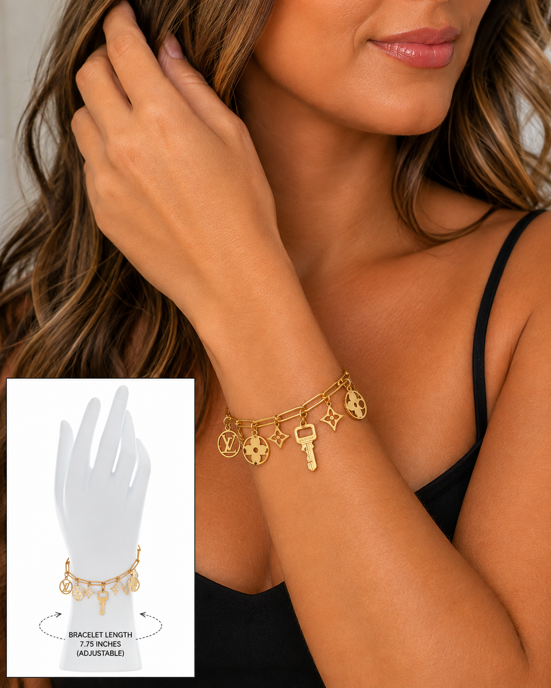 Illustrative model shot showing how a gold charm bracelet is worn, not a photo of the item for sale