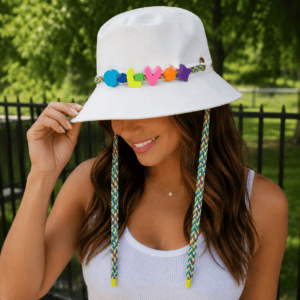Louis Vuitton Virgil Abloh bucket hat worn reversed to the white side