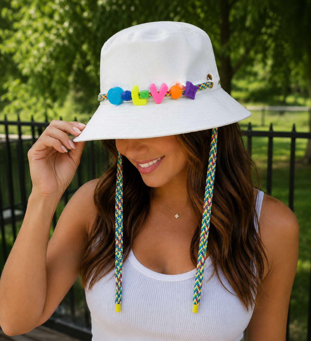 Louis Vuitton Virgil Abloh bucket hat worn reversed to the white side