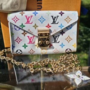Louis Vuitton x Takashi Murakami Monogram Multicolor Pouch Metis Belt White - the pouch with its gold-tone chain and Flowergram charm