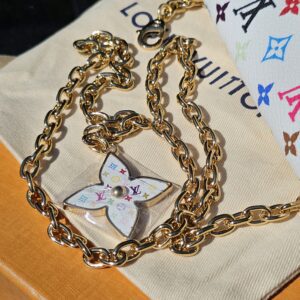 Gold-tone chain and Flowergram charm on the Louis Vuitton dust bag